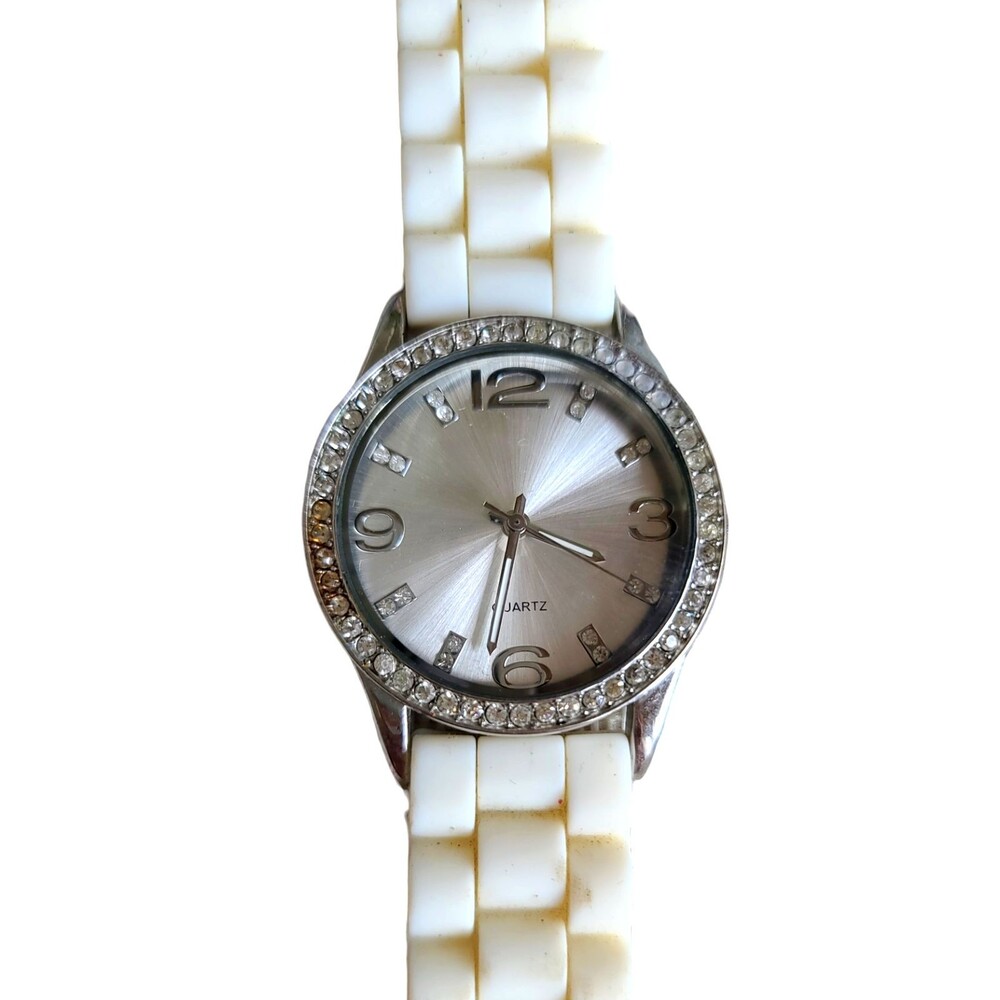 Accutime Rhinestone Silver Chrome Dial White Rubber Strap Womens Watch WORKS